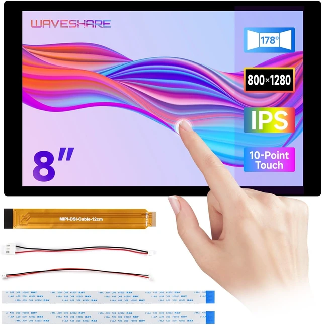 Main image of Waveshare 8inch DSI Capacitive Touch Display, Compatible with Raspberry Pi 5/4B/3B/CM3/3+/4, 800×1280, IPS Panel, Optical Bonding Toughened Glass Panel, 10-Point Touch
