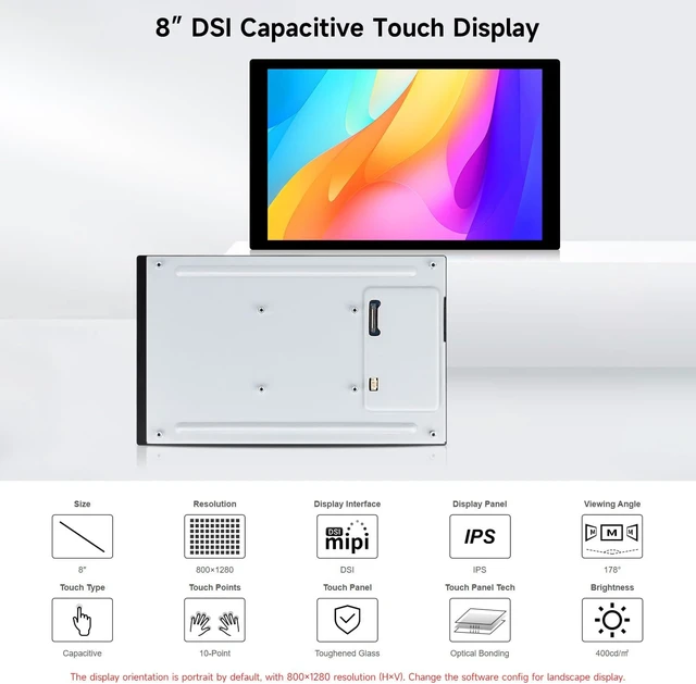 Alt view image 3 of 7 - Waveshare 8inch DSI Capacitive Touch Display, Compatible with Raspberry Pi 5/4B/3B/CM3/3+/4, 800×1280, IPS Panel, Optical Bonding Toughened Glass Panel, 10-Point Touch