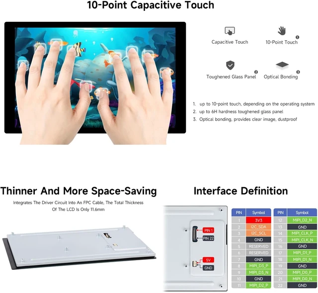 Alt view image 6 of 7 - Waveshare 8inch DSI Capacitive Touch Display, Compatible with Raspberry Pi 5/4B/3B/CM3/3+/4, 800×1280, IPS Panel, Optical Bonding Toughened Glass Panel, 10-Point Touch