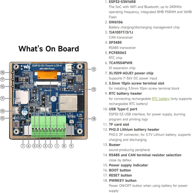 Alt view image 7 of 7 - Waveshare ESP32-S3 4inch Display Development Board, 480×480, 32-Bit LX7 Dual-Core Processor, Up to 240MHz Frequency, Supports WiFi & Bluetooth, with Onboard Antenna