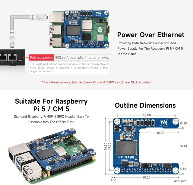 Alt view image 4 of 5 - Waveshare Power Over Ethernet HAT (H), Compatible with Raspberry Pi 5 / CM 5, 5V 5A Output, Stable Performance, Supports 802.3af/at Network, Isolated Switched-Mode Power Supply, PoE HAT, Board ONLY