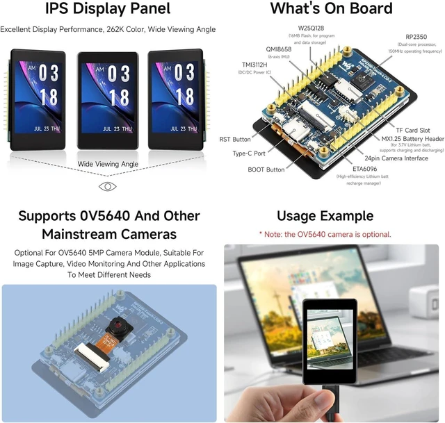 Alt view image 5 of 7 - Waveshare RP2350 2inch Capacitive Touch Display Development Board,240×320 Pixels, IPS Panel, 262K Color, Onboard Camera Interface