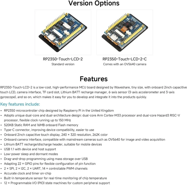 Alt view image 4 of 7 - Waveshare RP2350 2inch Capacitive Touch Display Development Board,240×320 Pixels, IPS Panel, 262K Color, Onboard Camera Interface