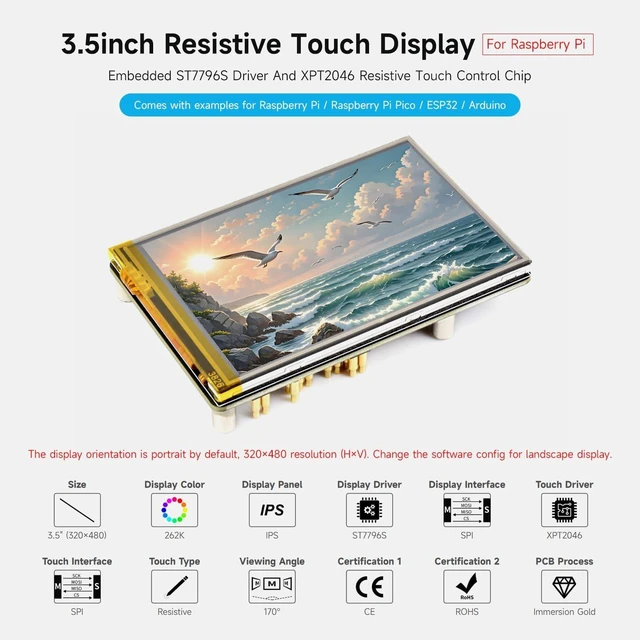 Alt view image 3 of 7 - waveshare 3.5inch Resistive Touch Display, Compatible with Raspberry Pi 5/4B/3B, Pi Pico, IPS Panel, 320×480, Immersion Gold Process, 262K Color
