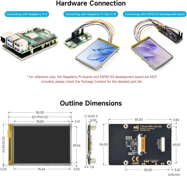 Alt view image 7 of 7 - waveshare 3.5inch Resistive Touch Display, Compatible with Raspberry Pi 5/4B/3B, Pi Pico, IPS Panel, 320×480, Immersion Gold Process, 262K Color