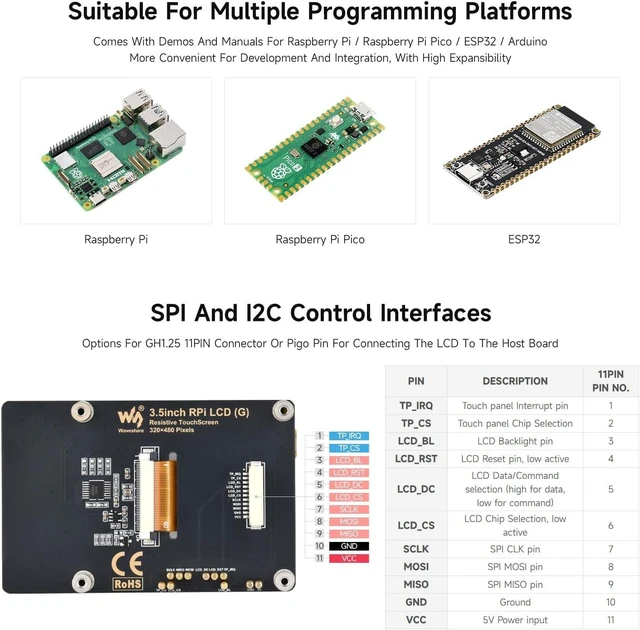 Alt view image 6 of 7 - waveshare 3.5inch Resistive Touch Display, Compatible with Raspberry Pi 5/4B/3B, Pi Pico, IPS Panel, 320×480, Immersion Gold Process, 262K Color