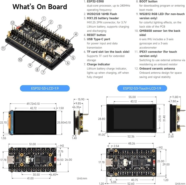 Alt view image 7 of 7 - Waveshare ESP32-S3 1.9inch Display Development Board, 170×320 Pixels, 262K Color, 32-bit LX7 Dual-core,32-bit LX7 Dual-core, Up to 240MHz, 90° Rotation Support, ESP32 with Display Integration