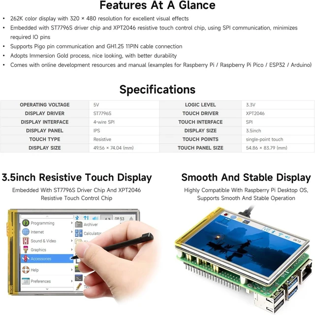 Alt view image 4 of 7 - waveshare 3.5inch Resistive Touch Display, Compatible with Raspberry Pi 5/4B/3B, Pi Pico, IPS Panel, 320×480, Immersion Gold Process, 262K Color