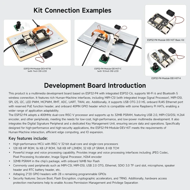 Alt view image 5 of 7 - Waveshare ESP32-P4-Module High-Performance Development Board, Based On ESP32-P4 and ESP32-C6, Supports Wi-Fi 6 and Bluetooth 5/BLE, Includes Speaker and RPi Camera (B)