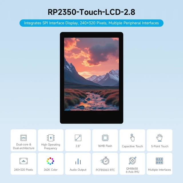 Alt view image 3 of 7 - Waveshare RP2350 2.8inch Capacitive Touch Display Development Board, 240×320, IPS Panel, 5-Point Touch, SPI Interface, Accelerometer & Gyroscope Sensor