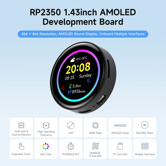 Alt view image 3 of 7 - Waveshare RP2350 1.43inch AMOLED Display Development Board, 466×466, SPI Interface Round Display, Onboard Accelerometer and Gyroscope Sensor, RTC Chip