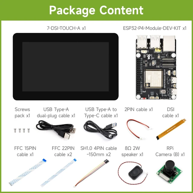 Alt view image 2 of 7 - Waveshare ESP32-P4 High-Performance Dev Board, ESP32-P4 & ESP32-C6, Supports Wi-Fi 6 & Bluetooth 5/BLE, Comes with 7inch DSI LCD, RPi Camera (B) & Accessories (11 Items)