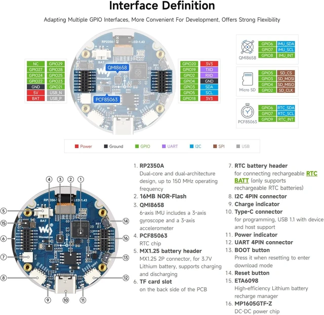 Alt view image 7 of 7 - Waveshare RP2350 1.43inch AMOLED Display Development Board, 466×466, SPI Interface Round Display, Onboard Accelerometer and Gyroscope Sensor, RTC Chip