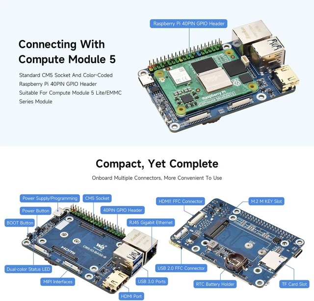 Alt view image 5 of 7 - Waveshare Mini Base Board (B), Compatible with Raspberry Pi Compute Module 5, Onboard EEPROM and Encryption Chip