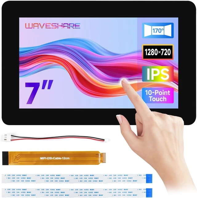 Main image of Waveshare 7" DSI Capacitive Touch Display, Compatible with Raspberry Pi 5/4B/3B+/3A+, Supports ESP32-P4, RK3506, RK3576, 1280x720 IPS, Optical Bonding Toughened Glass, 10-Point Touch, Anti-Fingerprint