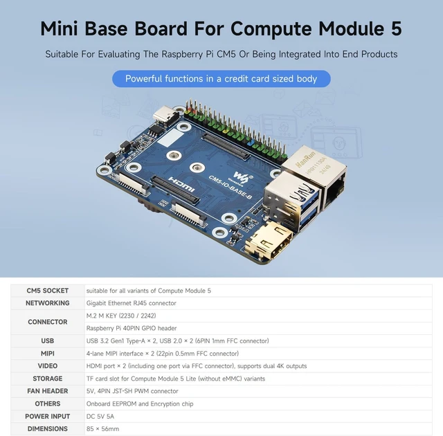 Alt view image 3 of 7 - Waveshare Mini Base Board (B), Compatible with Raspberry Pi Compute Module 5, Onboard EEPROM and Encryption Chip