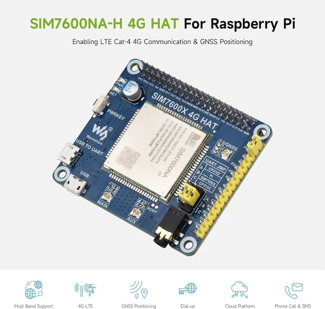 Alt view image 3 of 7 - Waveshare SIM7600NA-H 4G HAT, Compatible with Raspberry Pi/Jetson Nano, with GPS, SIM, Audio, AT Command Control, UART Debugging, 3G/4G Communication, Positioning, and Voltage Translator