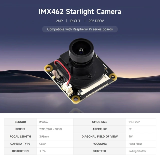 Alt view image 3 of 5 - IMX462 2MP IR-Cut Camera, Compatible with Raspberry Pi 5/4B/3B+/3A+/3B/2B/B+/A+, 1920 × 1080, 90° DFOV, Starlight Camera Sensor, Fixed-Focus