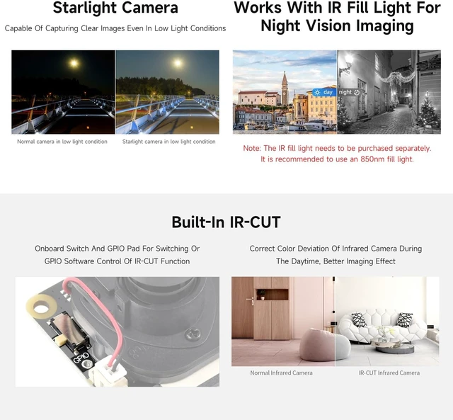 Alt view image 4 of 5 - IMX462 2MP IR-Cut Camera, Compatible with Raspberry Pi 5/4B/3B+/3A+/3B/2B/B+/A+, 1920 × 1080, 90° DFOV, Starlight Camera Sensor, Fixed-Focus