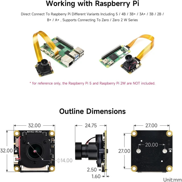 Alt view image 5 of 5 - IMX462 2MP IR-Cut Camera, Compatible with Raspberry Pi 5/4B/3B+/3A+/3B/2B/B+/A+, 1920 × 1080, 90° DFOV, Starlight Camera Sensor, Fixed-Focus