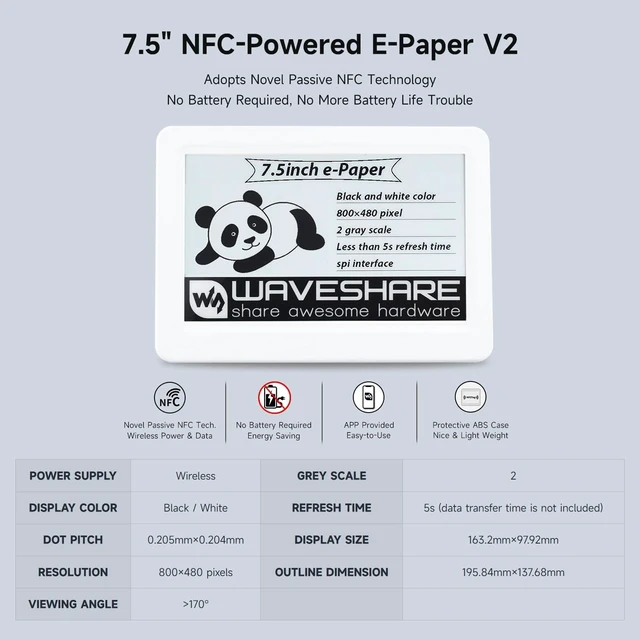 Alt view image 3 of 5 - Waveshare 7.5inch Passive NFC-Powered e-Paper V2, No Battery, Wireless Powering & Data Transfer, Only Compabtile with Apple iPhone