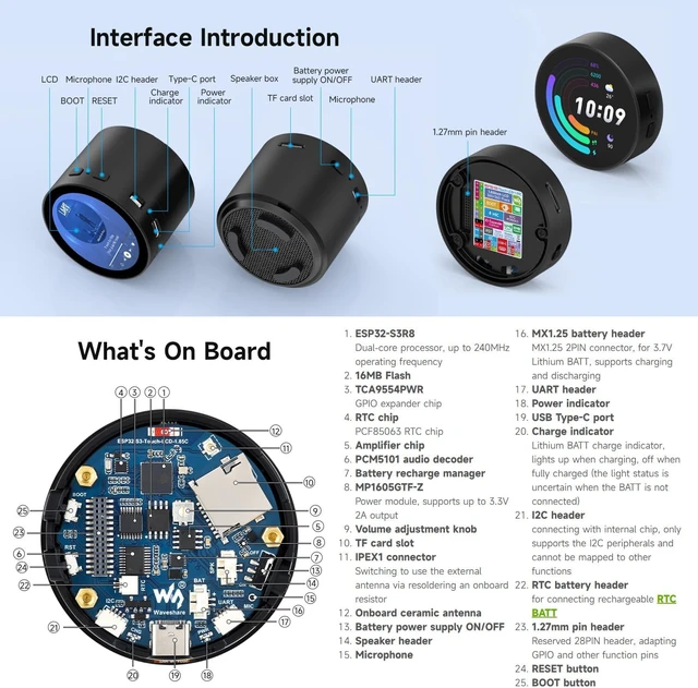 Alt view image 7 of 7 - Waveshare ESP32-S3 1.85inch Round LCD Development Board, 360×360, Supports Wi-Fi & Bluetooth BLE 5, AI Speech, Smart Speaker Box, ESP32 with Display, with Speaker Box