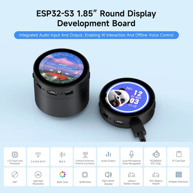 Alt view image 3 of 7 - Waveshare ESP32-S3 1.85inch Round LCD Development Board, 360×360, Supports Wi-Fi & Bluetooth BLE 5, AI Speech, Smart Speaker Box, ESP32 with Display, with Speaker Box
