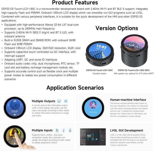 Alt view image 4 of 7 - Waveshare ESP32-S3 1.85inch Round LCD Development Board, 360×360, Supports Wi-Fi & Bluetooth BLE 5, AI Speech, Smart Speaker Box, ESP32 with Display, with Speaker Box