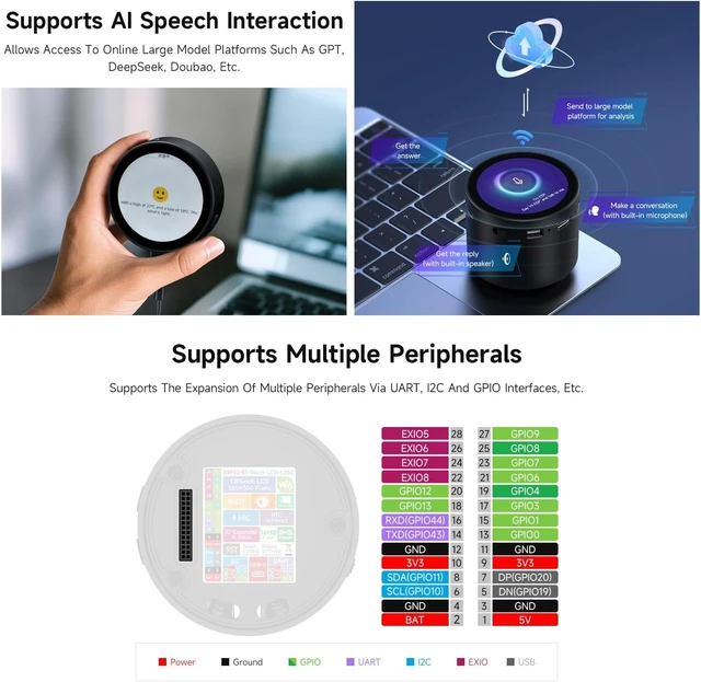 Alt view image 6 of 7 - Waveshare ESP32-S3 1.85inch Round LCD Development Board, 360×360, Supports Wi-Fi & Bluetooth BLE 5, AI Speech, Smart Speaker Box, ESP32 with Display, with Speaker Box