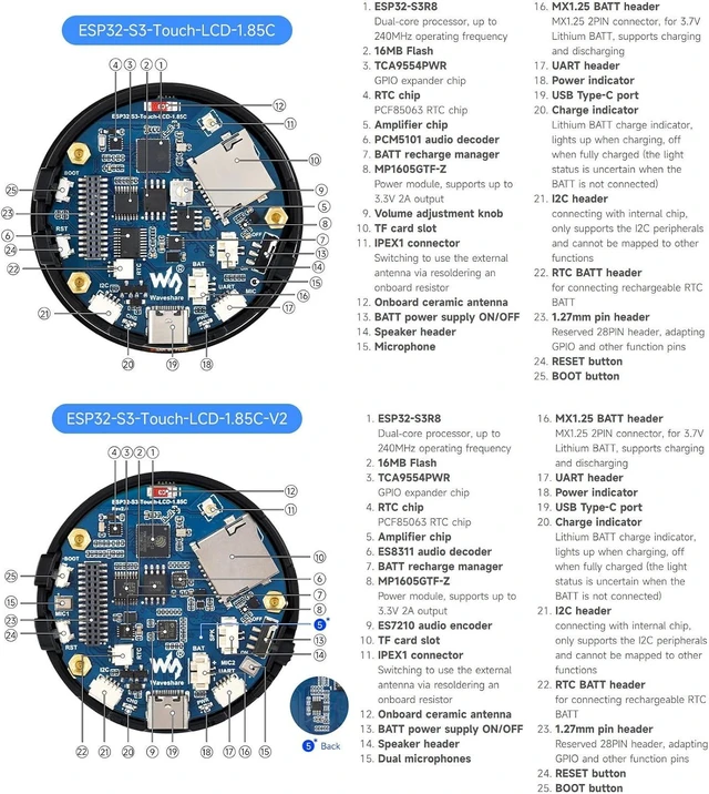 Alt view image 7 of 7 - Waveshare ESP32-S3 1.85inch Round LCD Development Board, 360×360, Supports Wi-Fi & Bluetooth BLE 5, AI Speech, Smart Speaker Box, ESP32 with Display