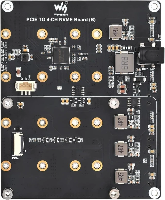 Main image of waveshare PCIe to 4-Ch M.2 Adapter Board, Compatible with Raspberry Pi 5, Supports 4-ch NVMe Solid State Drives, Supports powering The Raspberry Pi 5, Onboard LED Indicators