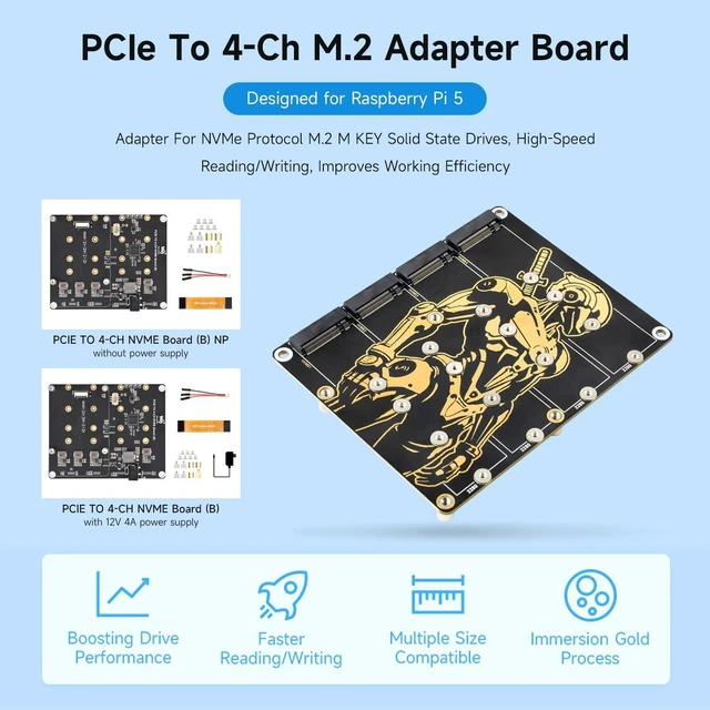Alt view image 3 of 6 - waveshare PCIe to 4-Ch M.2 Adapter Board, Compatible with Raspberry Pi 5, Supports 4-ch NVMe Solid State Drives, Supports powering The Raspberry Pi 5, Onboard LED Indicators