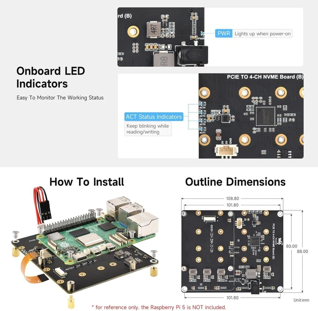 Alt view image 6 of 6 - waveshare PCIe to 4-Ch M.2 Adapter Board, Compatible with Raspberry Pi 5, Supports 4-ch NVMe Solid State Drives, Supports powering The Raspberry Pi 5, Onboard LED Indicators