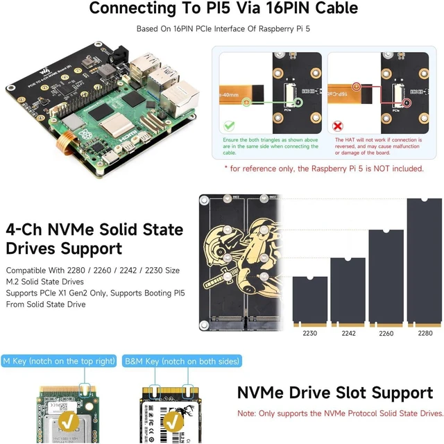 Alt view image 4 of 6 - waveshare PCIe to 4-Ch M.2 Adapter Board, Compatible with Raspberry Pi 5, Supports 4-ch NVMe Solid State Drives, Supports powering The Raspberry Pi 5, Onboard LED Indicators