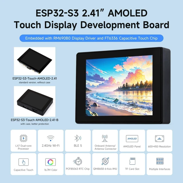 Alt view image 3 of 5 - Waveshare ESP32-S3 2.41inch AMOLED Touch Display Development Board, 600×450, 32-bit LX7 Dual-core Processor, Onboard Accelerometer and Gyroscope Sensor, ESP32 with Display, with Case