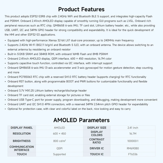 Alt view image 4 of 7 - Waveshare ESP32-S3 2.41inch AMOLED Touch Display Development Board, 600×450, 32-bit LX7 Dual-core Processor, Onboard Accelerometer and Gyroscope Sensor, ESP32 with Display, Without Case