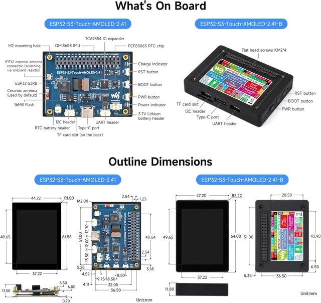 Alt view image 7 of 7 - Waveshare ESP32-S3 2.41inch AMOLED Touch Display Development Board, 600×450, 32-bit LX7 Dual-core Processor, Onboard Accelerometer and Gyroscope Sensor, ESP32 with Display, Without Case