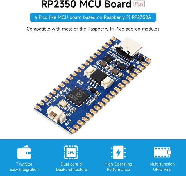 Alt view image 3 of 7 - Waveshare RP2350-Plus Development Board, A Low-Cost, High-Performance Pico-Like MCU Board Based On Raspberry Pi RP2350A Dual-core & Dual-Architecture Microcontroller, with Pre-Solder Header, 16MB