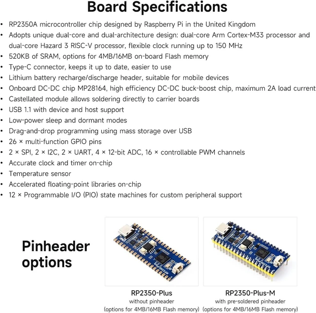 Alt view image 4 of 7 - Waveshare RP2350-Plus Development Board, A Low-Cost, High-Performance Pico-Like MCU Board Based On Raspberry Pi RP2350A Dual-core & Dual-Architecture Microcontroller, with Pre-Solder Header, 16MB