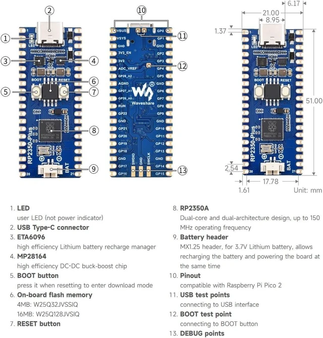 Alt view image 7 of 7 - Waveshare 2PCS RP2350-Plus Development Board, A Low-Cost, High-Performance Pico-Like MCU Board Based On Raspberry Pi RP2350A Dual-core & Dual-Architecture Microcontroller