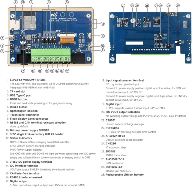 Alt view image 7 of 7 - Waveshare ESP32-S3 5inch Display Development Board, 1024x600, 32-Bit LX7 Dual-Core Processor, Up to 240MHz Frequency, Supports WiFi & Bluetooth, with Onboard Antenna, No Touch