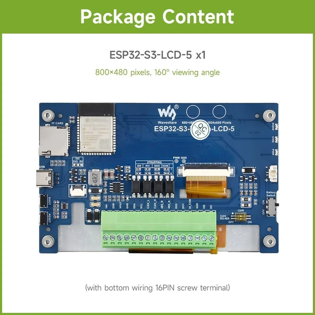 Alt view image 2 of 7 - Waveshare ESP32-S3 5inch Display Development Board, 800×480, 32-Bit LX7 Dual-Core Processor, Up to 240MHz Frequency, Supports WiFi & Bluetooth, with Onboard Antenna, No Touch