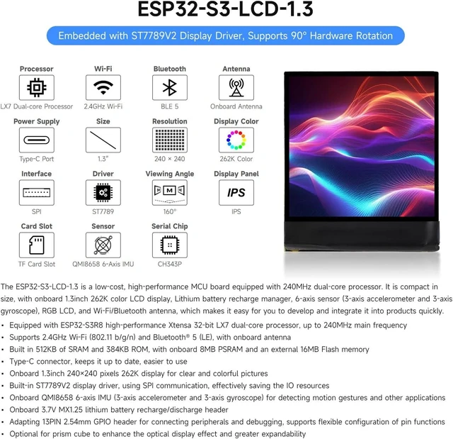 Alt view image 3 of 6 - Waveshare ESP32-S3 1.3inch Display Development Board, 240x240 Pixels, ST7789V2 Driver, 6-axis IMU, 262K Colors, SPI Comm, 90° Hardware Rotation Support