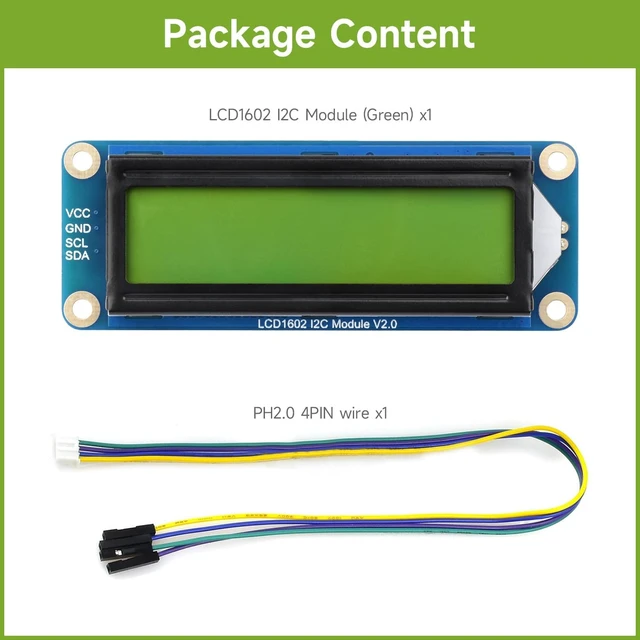 Alt view image 2 of 6 - Waveshare LCD1602 I2C Module, Compatible with Raspberry Pi 5/4B/3B/Pico/Pico W/Pico WH, 32 Characters LCD, 3.3V/5V, Backlight Adjustable, Green