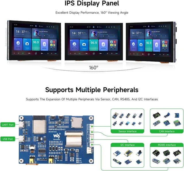 Alt view image 5 of 7 - Waveshare ESP32-S3 4.3inch Capacitive Touch Display Development Board, 800×480, 5-Point Touch, 32-Bit LX7 Dual-Core Processor, Up to 240MHz Frequency, with Onboard Antenna
