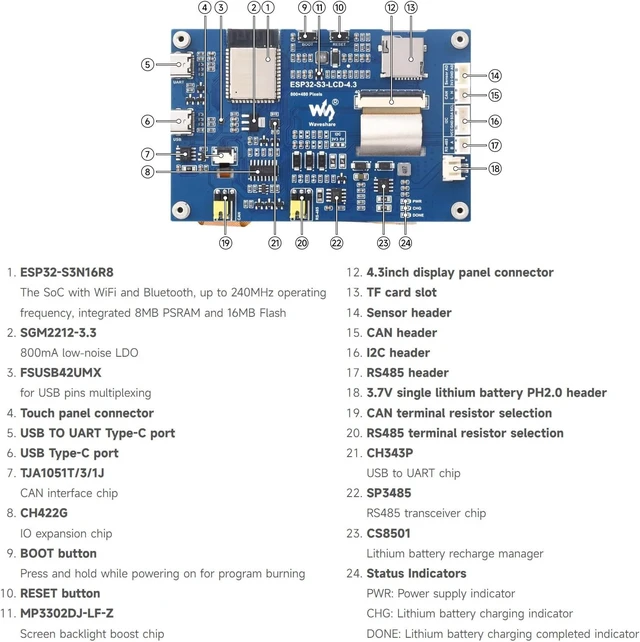Alt view image 6 of 7 - Waveshare ESP32-S3 4.3inch Capacitive Touch Display Development Board, 800×480, 5-Point Touch, 32-Bit LX7 Dual-Core Processor, Up to 240MHz Frequency, with Onboard Antenna