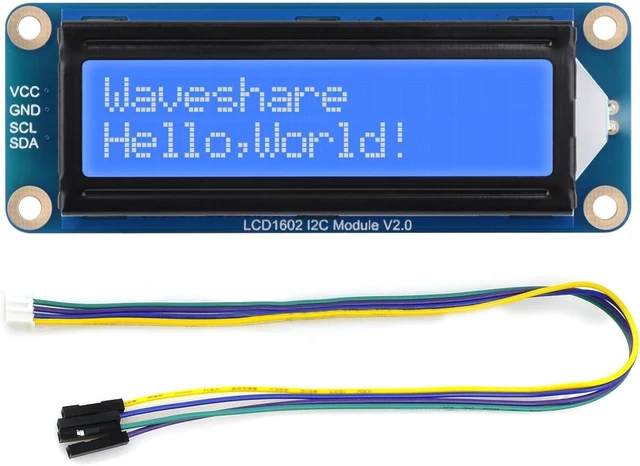 Main image of Waveshare LCD1602 I2C Module, Compatible with Raspberry Pi 5/4B/3B/Pico/Pico W/Pico WH, 32 Characters LCD, 3.3V/5V, Backlight Adjustable, Blue