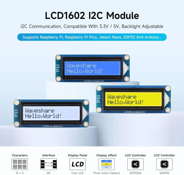 Alt view image 3 of 6 - Waveshare LCD1602 I2C Module, Compatible with Raspberry Pi 5/4B/3B/Pico/Pico W/Pico WH, 32 Characters LCD, 3.3V/5V, Backlight Adjustable, Green