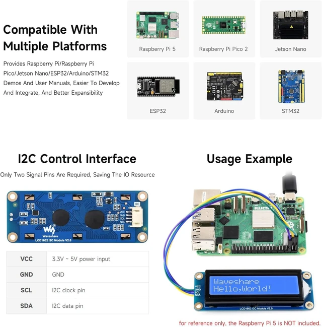 Alt view image 5 of 6 - Waveshare LCD1602 I2C Module, Compatible with Raspberry Pi 5/4B/3B/Pico/Pico W/Pico WH, 32 Characters LCD, 3.3V/5V, Backlight Adjustable, Green