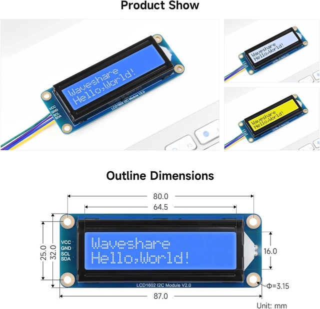 Alt view image 6 of 6 - Waveshare LCD1602 I2C Module, Compatible with Raspberry Pi 5/4B/3B/Pico/Pico W/Pico WH, 32 Characters LCD, 3.3V/5V, Backlight Adjustable, Green